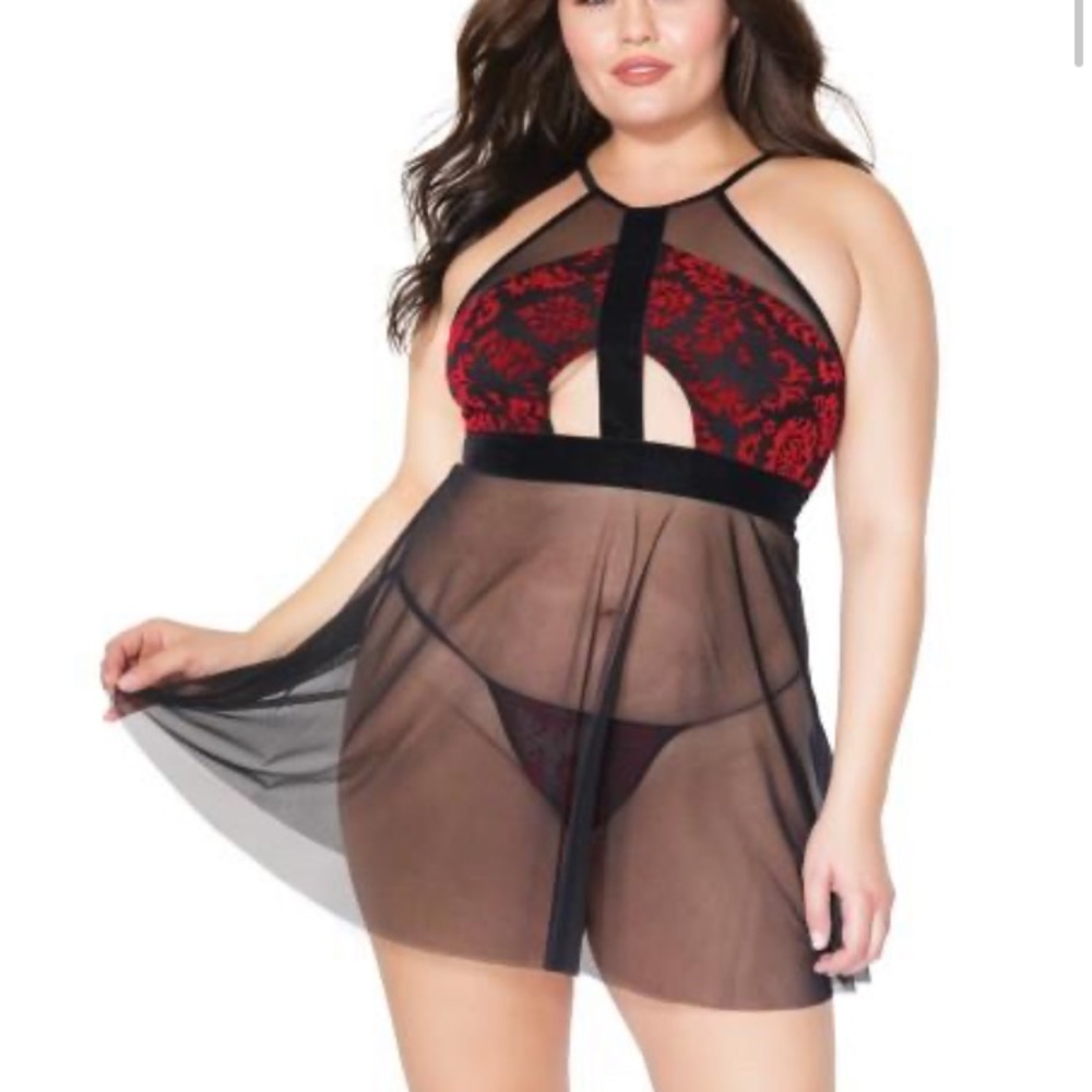 Velvet & Mesh Halter Babydoll Chemise